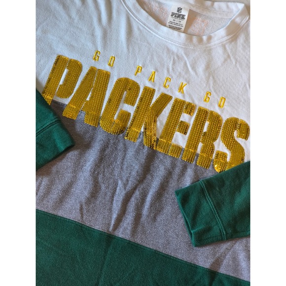 PINK Victoria's Secret Tops - PINK Victoria's Secret Green Bay Packers Sequin Sweatshirt Grey Green XS RARE